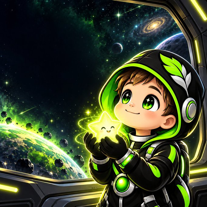 An anime-style illustration of a young character in a green and black astronaut suit holding a glowing yellow star, with a space scene featuring planets and galaxies visible through a spaceship window.