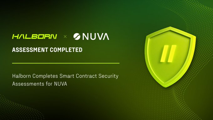 The image is a green announcement banner featuring the Halborn and NUVA logos alongside a shield icon, with text reading "ASSESSMENT COMPLETED" and "Halborn Completes Smart Contract Security Assessments for NUVA," visually celebrating the successful completion of Halborn's security audit of NUVA's nvPRIME smart contracts as described in the accompanying post.