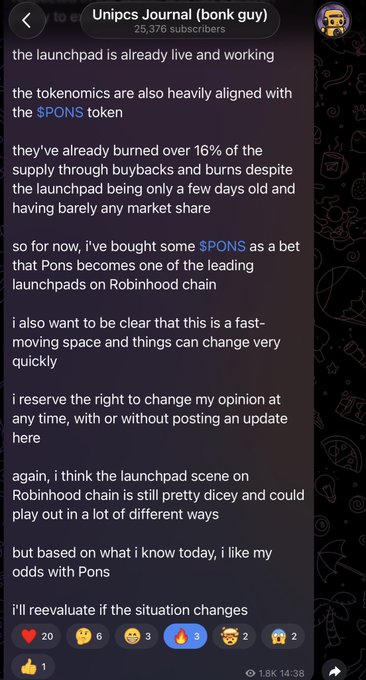 A screenshot of a Telegram post from "Unipcs Journal (bonk guy)" with 25,376 subscribers, where the analyst explains their bullish stance on the $PONS token launchpad on Robinhood chain, citing that it's already live, heavily aligned with $PONS tokenomics, and has burned over 16% of supply through buybacks/burns, leading them to purchase $PONS as a bet on Pons becoming a leading launchpad.