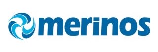 The Merinos logo features a blue swirl design next to the brand name 'merinos' in lowercase letters on a white background.
