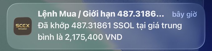 A mobile notification from SCCX (SCCXvietnam) displaying a buy order executed: 'Đã khớp 487.31861 SSOL tại giá trung bình là 2,175,400 VNĐ'.