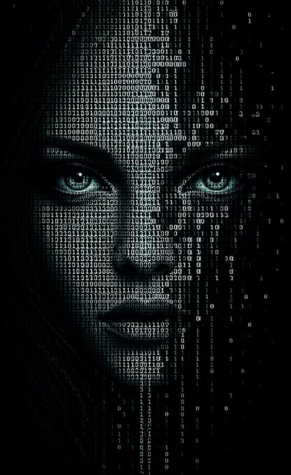 A dark, atmospheric digital artwork of a woman's face overlaid with cascading streams of binary code (0s and 1s), evoking a hacker or cyberpunk aesthetic with glowing blue eyes.