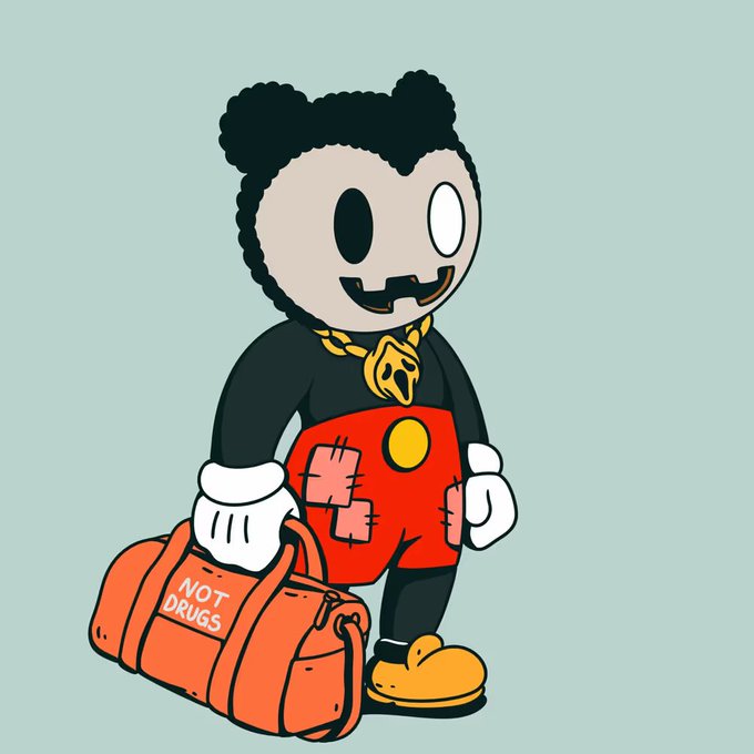 A cartoon mouse character wearing red overalls with patches and a gold chain holds an orange duffel bag labeled 'NOT DRUGS'.