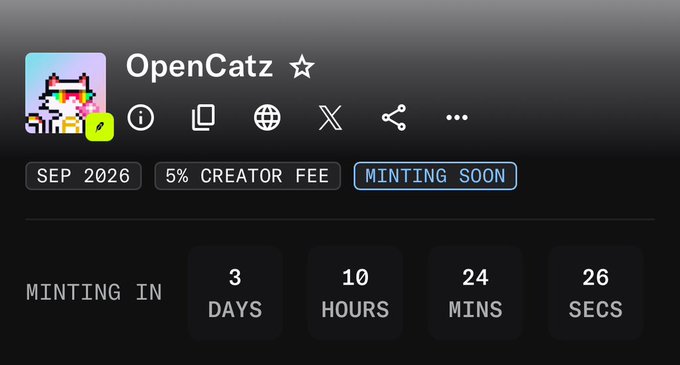 The image shows a minting countdown page for "OpenCatz" NFT collection, displaying key details: September 2026 launch date, 5% creator fee, and a countdown of 3 days, 10 hours, 24 minutes, and 26 seconds until minting begins. This aligns with the post announcing the upcoming free mint opportunity for 404 burners (2 per wallet) along with GTD/FCFS mints at 0.005 ETH, building anticipation ahead of the launch.