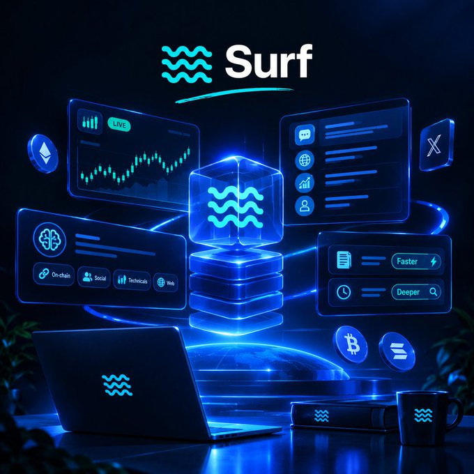A dark blue promotional graphic for 'Surf' displaying various digital dashboards with charts, data streams, and cryptocurrency icons around a glowing central cube, accompanied by a laptop, smartphone, and mug.