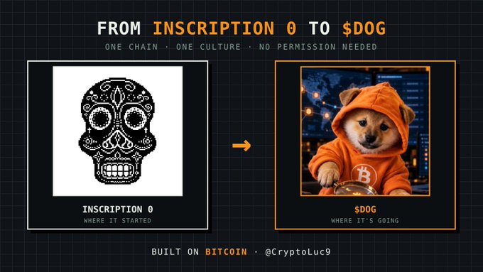 A cryptocurrency meme-style graphic titled 'FROM INSCRIPTION 0 TO $DOG' showing the evolution from the original Bitcoin Ordinals 'Inscription 0' skull to a Shiba Inu dog wearing an orange hoodie, built on Bitcoin.