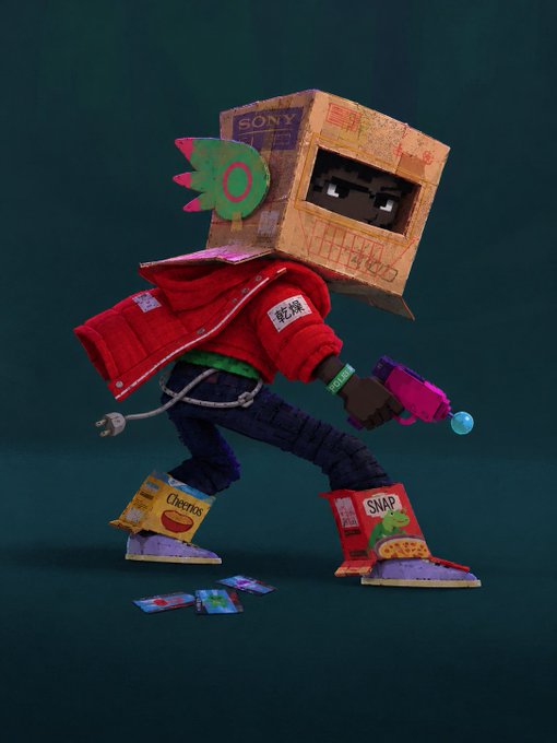 A 3D rendered character with a cardboard box for a head, wearing a red jacket and holding a toy water gun, decorated with brand logos like Sony, Snap, and Cheetos.