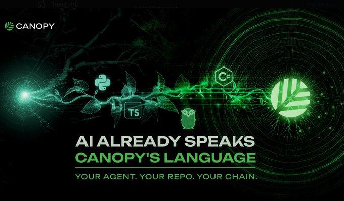 The image features a poster or banner for Canopy, an AI company. The background of the image is black, but there are green elements present as well. The text "AI already speaks" is written above the green elements, while the phrase "Canopy creates owners. This morning under the trees, I read about them acquiring Tanssi core IP". The poster or banner highlights Canopy's AI capabilities and their partnership with Tanssi Core IP to create a seamless user experience for app development.