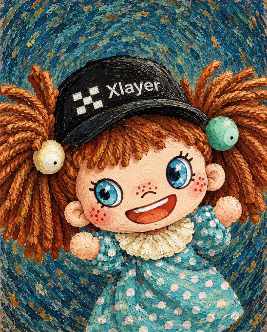 A stylized painting in Van Gogh's swirling starry night style depicting a cute doll with red pigtails wearing a black 'Xlayer' cap and a blue polka dot dress.