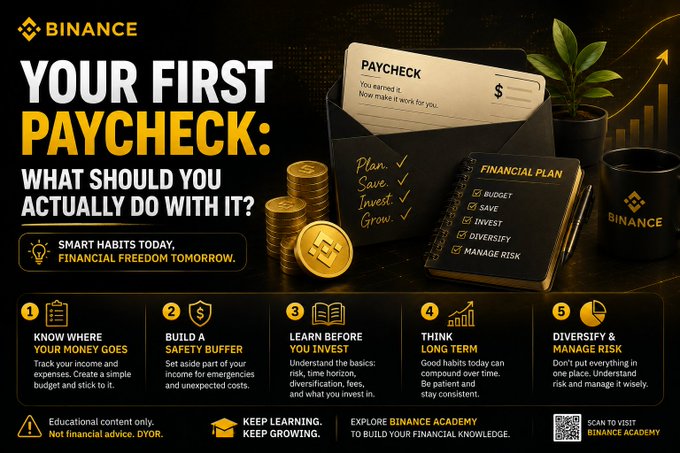 Binance financial literacy infographic titled 'YOUR FIRST PAYCHECK: WHAT SHOULD YOU ACTUALLY DO WITH IT?' featuring five tips including budget tracking, building safety buffers, learning, long-term thinking, and diversification.