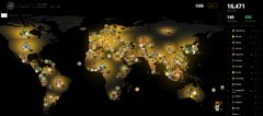 A dark world map with illuminated areas resembling glowing clusters or cities against a black background.