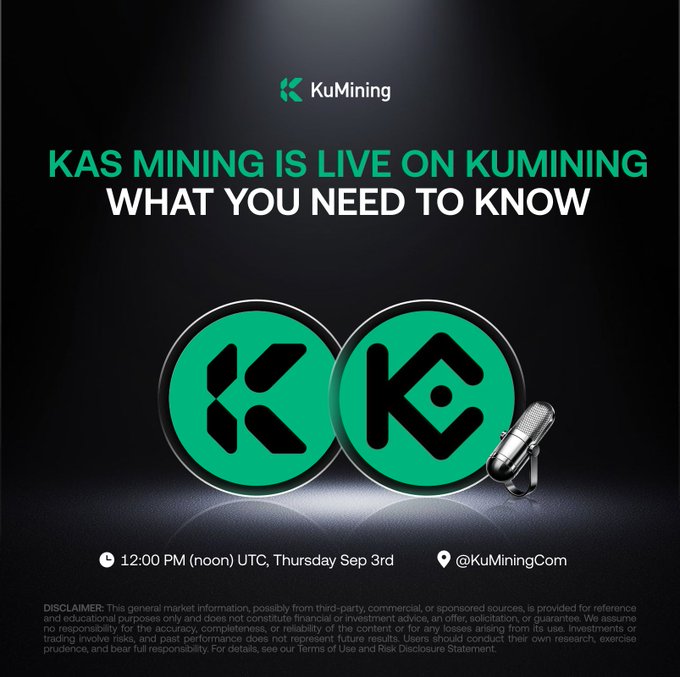 Promotional graphic for KuMining announcing that KAS mining is live, featuring the Kaspa and KuCoin logos alongside a microphone icon, with details reading "1:2:00 PM (noon) UTC, Thursday Sep 3rd" and "@KuMiningCom."