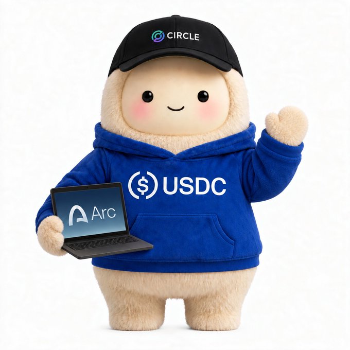 A cute mascot plush wearing a blue "USDC" hoodie and a black "CIRCLE" cap waves cheerfully while holding a laptop displaying "Arc" on its screen. The image visually represents Circle's Agent Stack offering AI agents access to USDC for transactions, matching the post's instruction to connect via the setup skill.