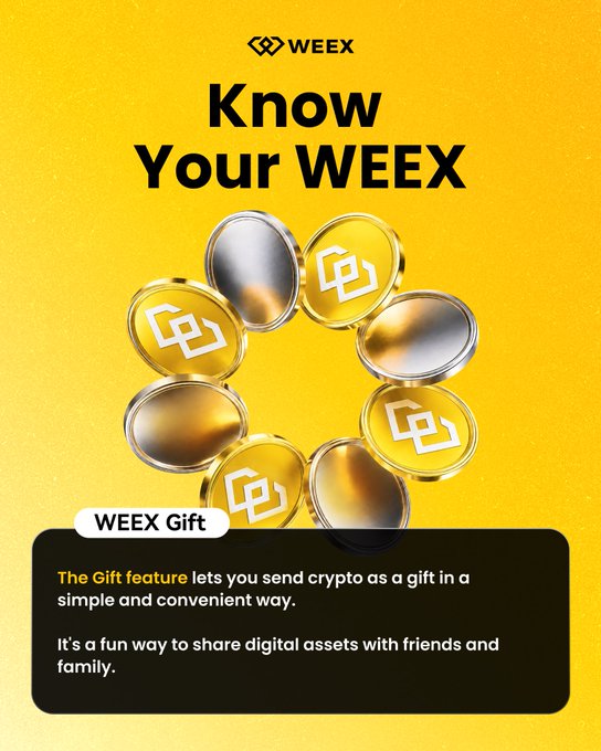 The image is a promotional graphic from WEEX titled "Know Your WEEX," showcasing the WEEX Gift feature with gold coins and explaining that it lets users send crypto as a gift to share digital assets with friends and family. This directly supports answer **A. Sending crypto as a gift**, as the visual explicitly highlights the Gift feature and its purpose of gifting crypto.