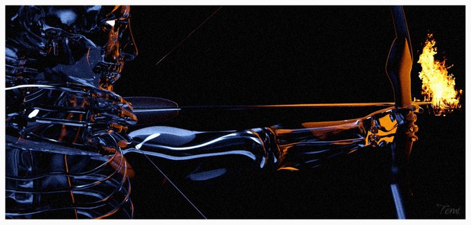 A digital artwork depicting a metallic, armored figure holding a flaming arrow on a bow, rendered in dark tones with glowing fire against a black background.