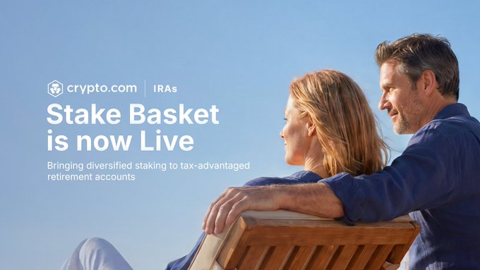 The image features a man and woman sitting together on a bench under a blue sky. The text on the image reads "Stake Basket Is now Live" which suggests that they are talking about investing in Stake Baskets, specifically focusing on retirement accounts. This is related to the post because it promotes the idea of using Stake Baskets as an alternative way to invest and grow one's IRA account. The image also includes a link to the website "Crypto.com IRAs" which provides more information about Stake Baskets and how they can be used for retirement savings.