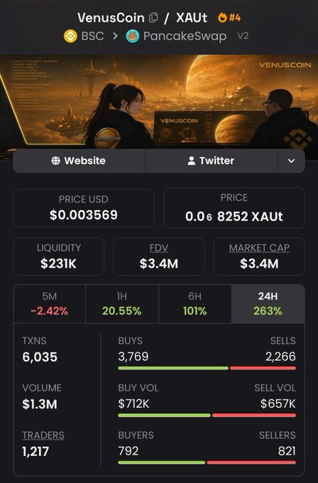 Cryptocurrency data page for 'VenusCoin / XAUt' on BSC and PancakeSwap V2, showing a price of $0.003569 USD, market cap of $3.4M, and 24H change of 263%.