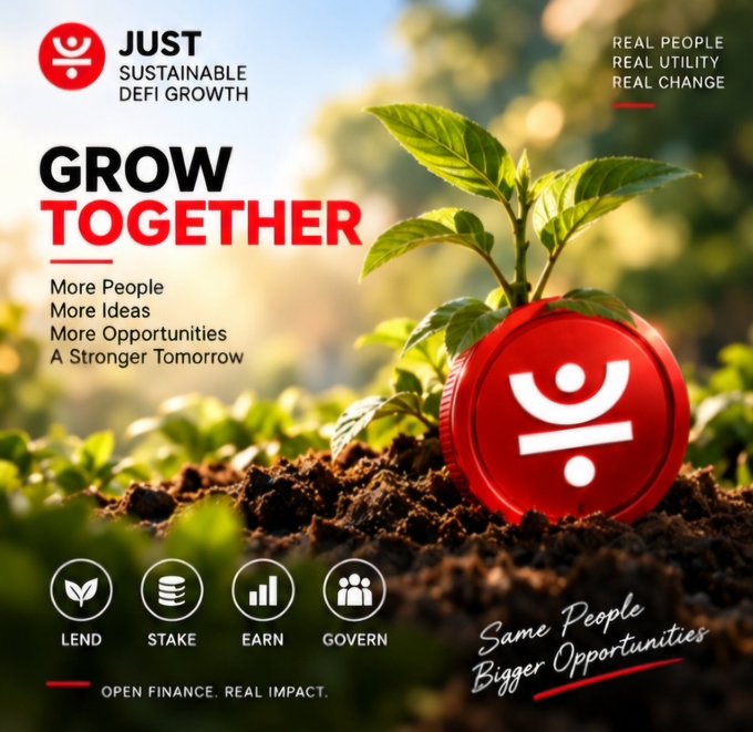 A promotional graphic for 'JUST Sustainable DeFi Growth' featuring a red coin with the JUST logo sprouting from soil, with the headline 'GROW TOGETHER' and icons for Lend, Stake, Earn, and Govern.