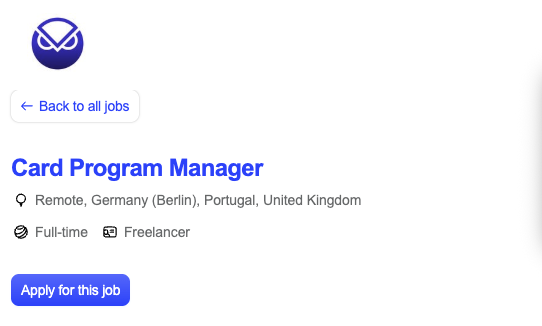 The image shows a job posting for a card program manager position at Gnosis, an online bank. The post has been shared by a user named @gnosispay who wants to share their job search with others. The post includes details about the role, such as the required skills and experience, and it also mentions that the job is currently hiring for remote positions in Germany, Portugal, United Kingdom, France, Spain, Italy, and the Netherlands.