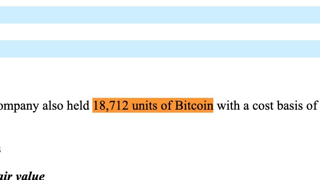 A document excerpt highlights that a company held 18,712 units of Bitcoin, visually emphasizing this figure in orange to underscore SpaceX's ownership of 18,712 BTC as referenced in the accompanying post.
