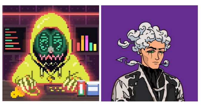 The illustration shows the "Rekt Tradooor" NFT character in two versions: a pixelated depiction of a hooded figure with glowing green digital eyes sitting at a computer screen displaying charts and a balance bar, alongside a stylized portrait of the same figure in a white jacket with white curly hair against a purple background. This represents one of the NFT mints mentioned in the post, specifically the "Rekt Tradooor" collection by @rektguy launching at 0.02 ETH with a 10,000 supply.