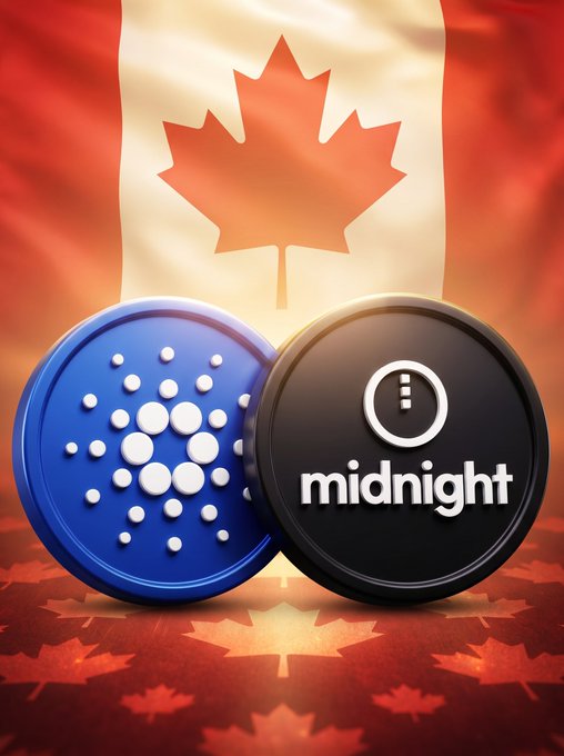 Two cryptocurrency coins—one blue Cardano (ADA) and one black labeled "midnight"—stand side by side against a backdrop of the Canadian flag, celebrating Canada Day with a nod to the $ADA community and its Midnight network partnership.