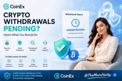 The image is a CoinEx advertisement titled "Crypto Withdrawals Pending? Here's What You Should Do," featuring a woman on a phone call with the text "Withdrawal Status: Under Review" alongside CoinEx and "TheMoonManValley" branding. The post connects this ad to the speaker's claim that "clarity is coming for crypto," suggesting the withdrawal issue relates to ongoing market uncertainty rather than a permanent platform problem.