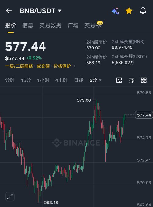 A Binance trading chart for BNB/USDT showing the current price at $577.44 (+0.92%), with a 24-hour range between $568.19 (low) and $579.00 (high), supporting the post's comment about BNB pumping despite meme coin activity on the platform.
