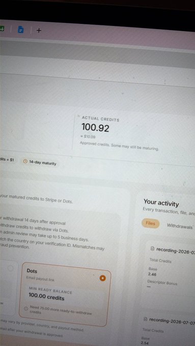 The image shows a payout dashboard displaying an "ACTUAL CREDITS" balance of **$100.92** (+$10.09 added), with a "Dots" email payout box highlighting a "MIN READY BALANCE" of **100.00 credits** that can be withdrawn. This visually demonstrates the platform's low $10 minimum withdrawal threshold mentioned in the post about Pila8, showing a user who has successfully accumulated enough credits to cash out their earnings from audio transcription work.