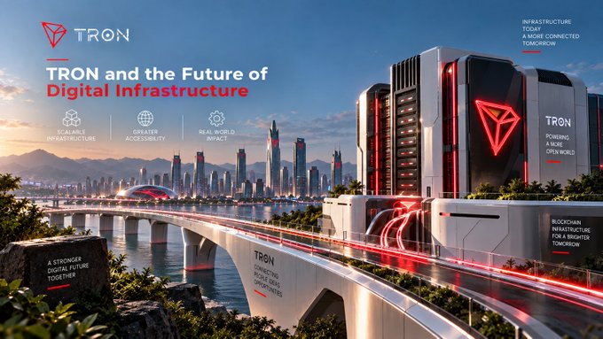 A futuristic cityscape promotional graphic for TRON, featuring the tagline 'TRON and the Future of Digital Infrastructure' and highlighting themes like 'Scalable Infrastructure,' 'Greater Accessibility,' and 'Real-World Impact.'