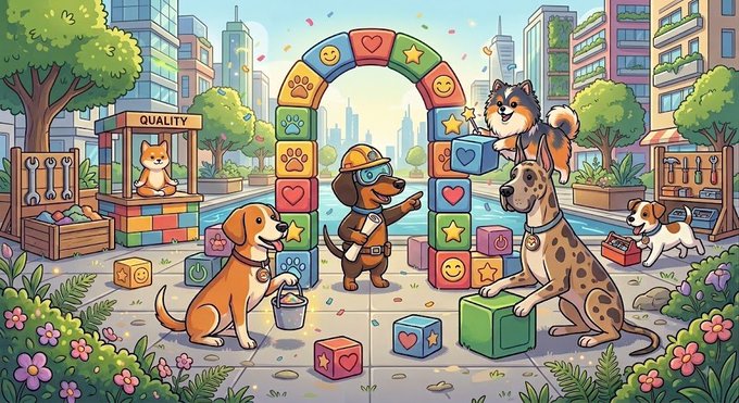A colorful cartoon illustration of various dogs (a Shiba Inu, Labrador, Husky, Dalmatian, and others) playing with building blocks in an urban park setting, with one dog dressed as a construction worker and a 'QUALITY' stand visible.