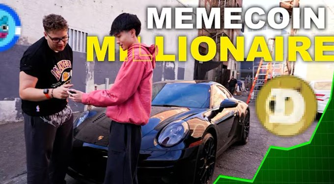 A YouTube thumbnail titled 'MEMECOIN MILLIONAIRE' showing two people in front of a black Porsche with a Dogecoin graphic and rising chart.
