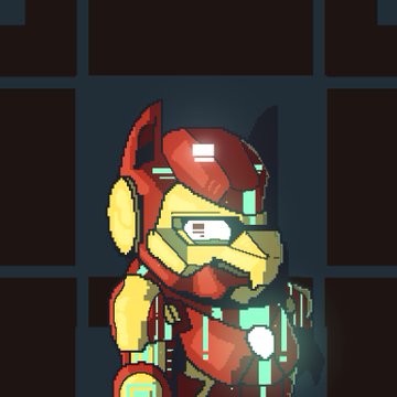The image features a cartoon character, likely a robot or a dog, wearing a red suit with yellow accents. The character has a helmet that appears to be emitting light from its head. The background of the image consists of squares, which could potentially represent a grid-like pattern. There is also text present in the image, including the words "Top Upcoming NFT Mints" and "@zerokidsnft". This suggests that there might be an upcoming release or event related to this character's digital assets.