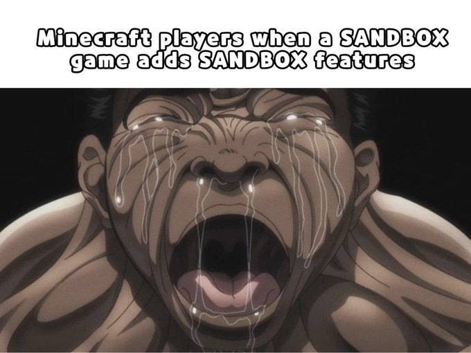 A meme image with text reading "Minecraft players when a SANDBOX game adds SANDBOX features" above a crying anime character with streams of tears flowing down their face.