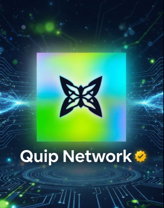 The image features an advertisement for a platform called Quip Network. The background of the advertisement is predominantly black, with neon green accents scattered throughout. The main focus of the advertisement is a butterfly logo within a square shape, symbolizing the network's experimental nature in comparison to traditional formulas and ideas. Below this design, there is text that reads "Quip Network", indicating the platform's identity and purpose. At the bottom of the image, there is also text that states "Focus on what is in the image and how it relates to the post".