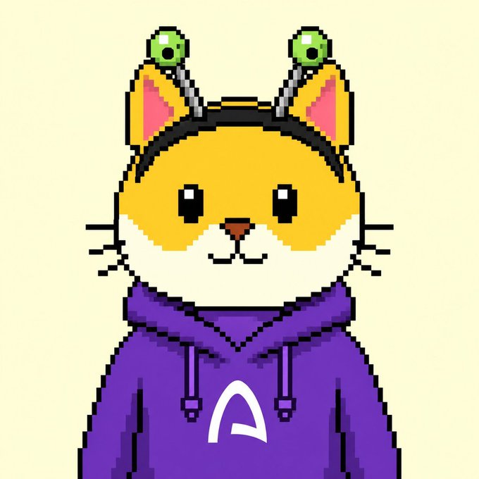 A pixel art illustration of an orange and white cat wearing a purple hoodie with a white logo, featuring green alien-like antennas on its head.