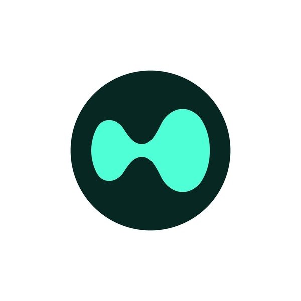A logo featuring a stylized, cyan-colored bowtie-like shape inside a dark green circle on a white background.