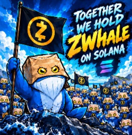 A cartoon whale character wearing a paper bag mask holds a 'Z' flag with the text 'TOGETHER WE HOLD ZWHALE ON SOLANA' and the Solana logo.