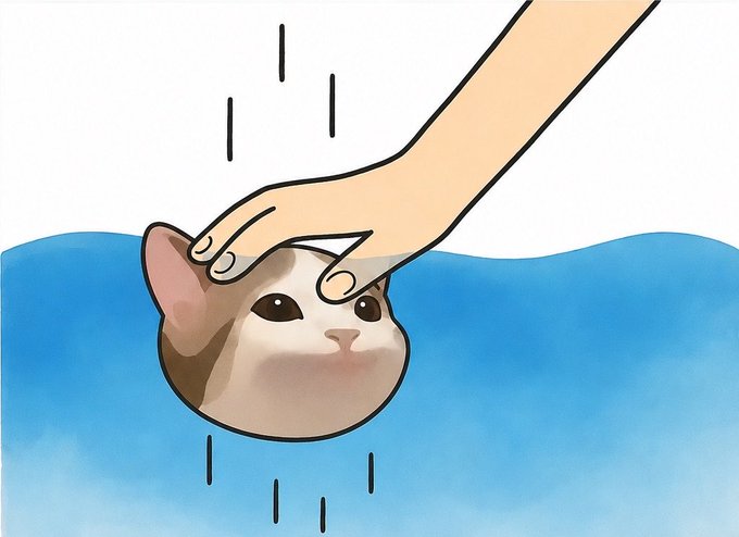 An illustration of a cartoon cat partially submerged in water, having its head firmly held down by a human hand.