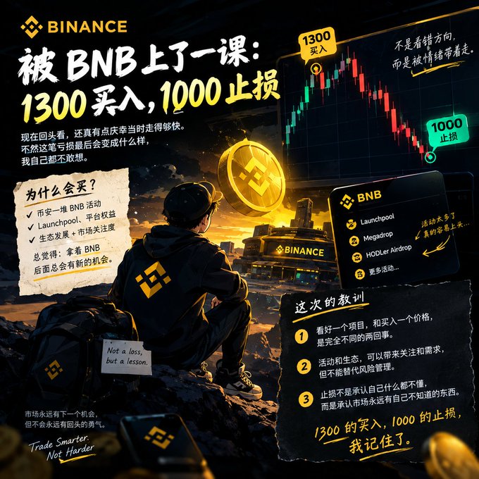 A Binance promotional graphic in Chinese titled '被BNB上了一课' (Learned a lesson from BNB), illustrating a cryptocurrency trading loss where BNB was bought at 1300 with a stop-loss at 1000, featuring an illustrated figure and the phrase 'Not a loss, but a lesson.'