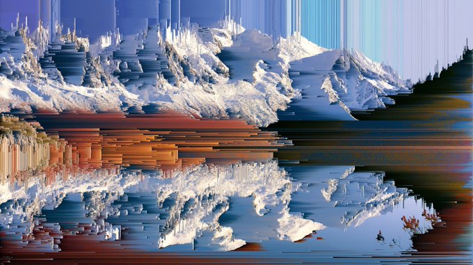 An abstract, glitch-art style image featuring snowy mountain-like formations reflected in colorful bands of red, blue, and orange, with vertical distortion lines creating a digital artifact effect.