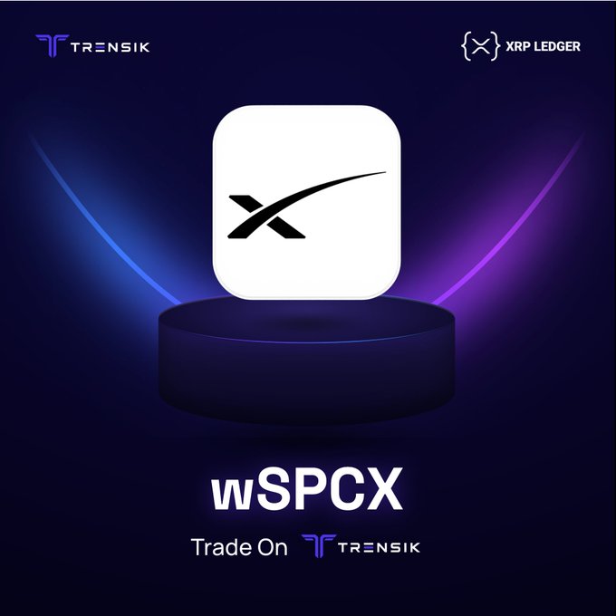 A promotional graphic for the 'wSPCX' token on the XRP Ledger, displayed on a pedestal with the 'TRENSIK' logo in the corners and text reading 'Trade On TRENSIK'.