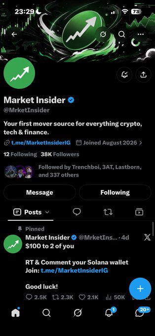 The image shows an X (Twitter) profile page for "Market Insider" (@MrketInsider), an account focused on crypto and tech news, with 38K followers. The pinned post announces a giveaway of $100 to 2 followers who RT and comment their Solana wallet, linking to "t.me/MarketInsiderIG." The accompanying post appears to be a reply referencing winning "Mav" and includes a Solana wallet address, likely someone responding to the giveaway to claim a prize.