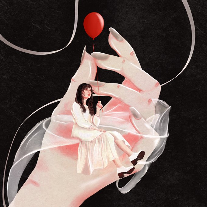 A surreal digital artwork showing a young woman in a white dress holding a red balloon, while a giant hand cradles her against a black background with swirling translucent ribbons.