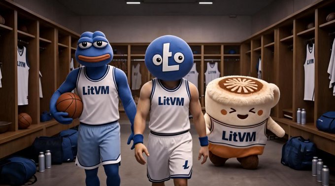 The image features three basketball players dressed up as characters from a video game, with one player wearing a blue and white outfit that says "LitVM". The other two players are wearing matching blue outfits with the word "LitVM" written on them. They appear to be walking in front of a locker room or dressing area, which is filled with various items such as backpacks, handbags, and sports equipment like basketballs and volleyballs. The image also includes text that reads "GM, LitVM community! Wednesday is the perfect mid-week point to shift gears and push harder. Keep up the momentum: jump into the LiteForge testnet by @LitecoinVM , claim your test tokens, and run transactions at full blast!".