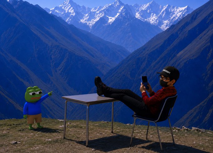 The image features a man sitting at a table with his legs crossed, using his cell phone while wearing a black hat. A small green frog character is also present in the scene, standing next to him. The background of the image shows mountains under a blue sky, creating an outdoor setting for this moment. The post seems to be related to a contest or competition, possibly involving the creation of a website or social media account.