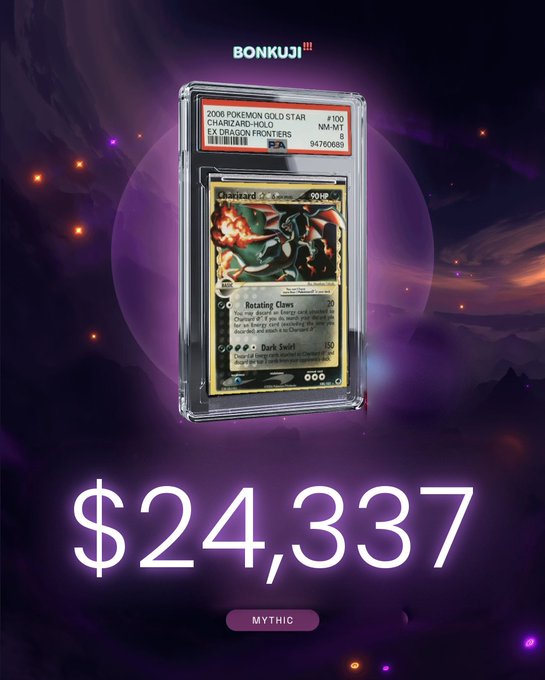 A graded 2008 Pokemon Gold Star Charizard-Holo card (PSA #100, EX Dragon Frontiers) displayed in a PSA slab from Bonkuji, valued at $24,337 and labeled 'MYTHIC'.
