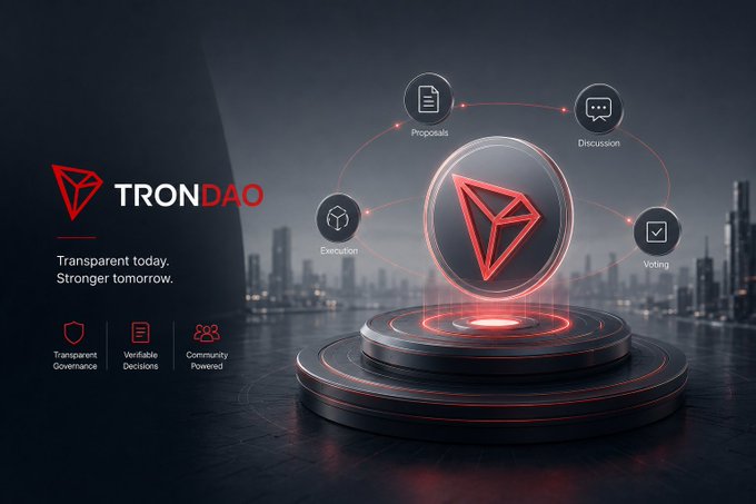 A promotional graphic for TRON DAO with the tagline 'Transparent today. Stronger tomorrow.' and icons representing Transparent Governance, Verifiable Decisions, Community Powered, Proposals, Discussion, Execution, and Voting, set against a city skyline backdrop.