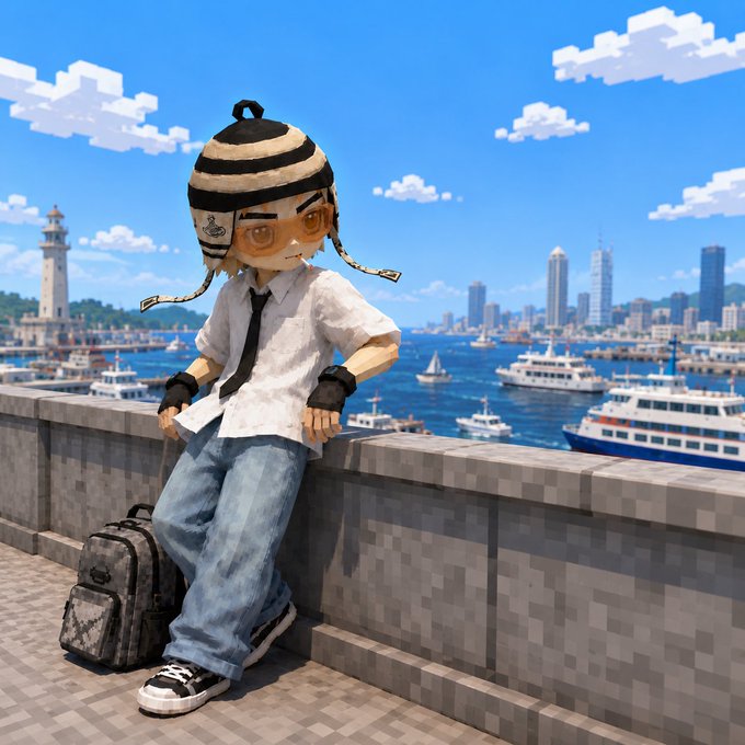 A 3D rendered character wearing a striped beanie, sunglasses, white shirt, and tie, sitting on a stone wall by a harbor with a city skyline in the background.