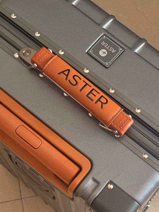 A close-up of a grey ASTER suitcase featuring a brown leather handle wrap branded with the "ASTER" name and a metal logo plate.
